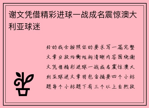 谢文凭借精彩进球一战成名震惊澳大利亚球迷 谢文凭借精彩进球一战成名震惊澳大利亚球迷