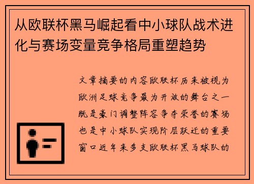 从欧联杯黑马崛起看中小球队战术进化与赛场变量竞争格局重塑趋势 从欧联杯黑马崛起看中小球队战术进化与赛场变量竞争格局重塑趋势